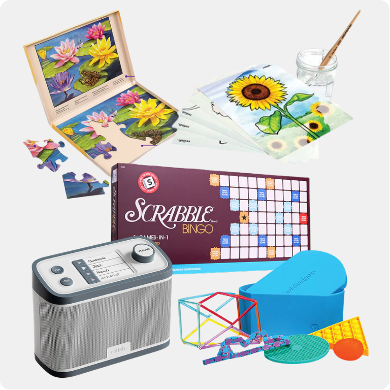 adapted puzzles, radios, games, art and fidgets