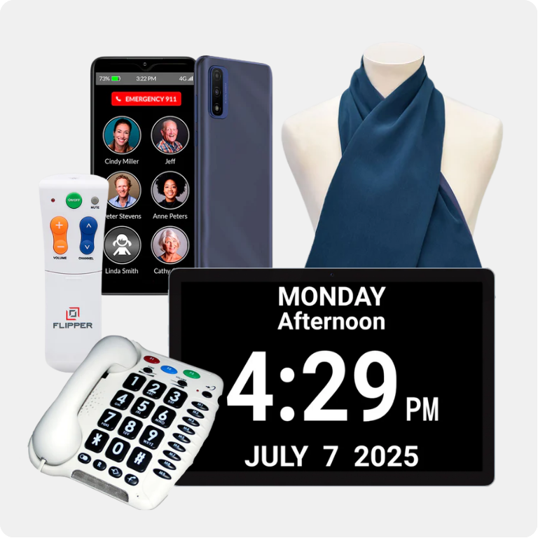 adaptive cell phone, tv remote, telephone, clock and clothing