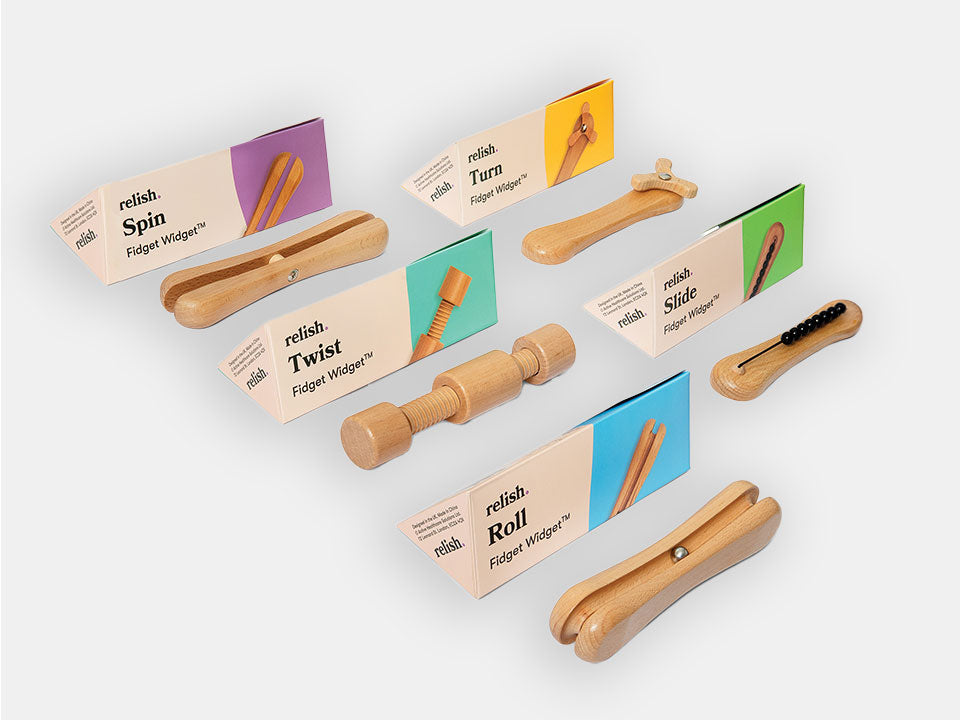 5 fidget widget tools and their boxes 