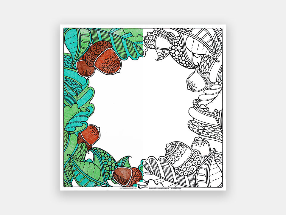 The half-colored automne-themed dry-erase board depicting acorns and leaves.