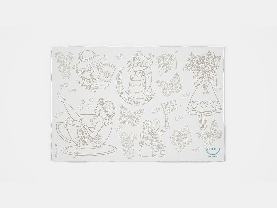 The Dream Bimoo coloring placemat including women, flowers and butterflies.