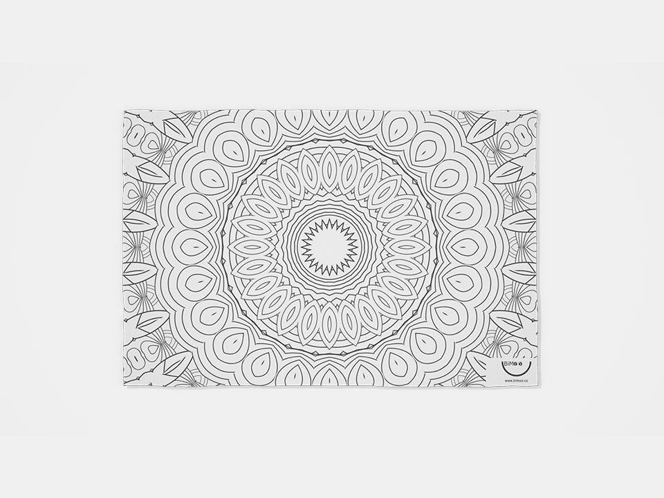 The back of the two-sided and washable Mandala Bimoo coloring placemat.