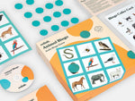 Layed-out components of the Relish Animal Audio Bingo Game.