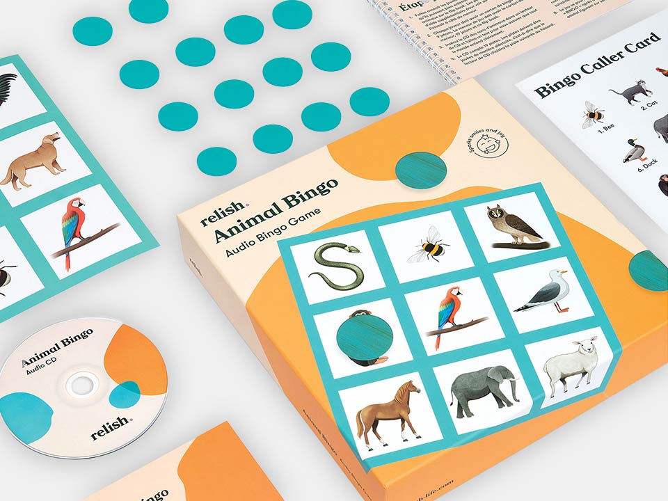 Layed-out components of the Relish Animal Audio Bingo Game.