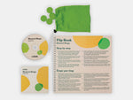 Different components of the Musical Bingo Game like its green chips and Audio CD.