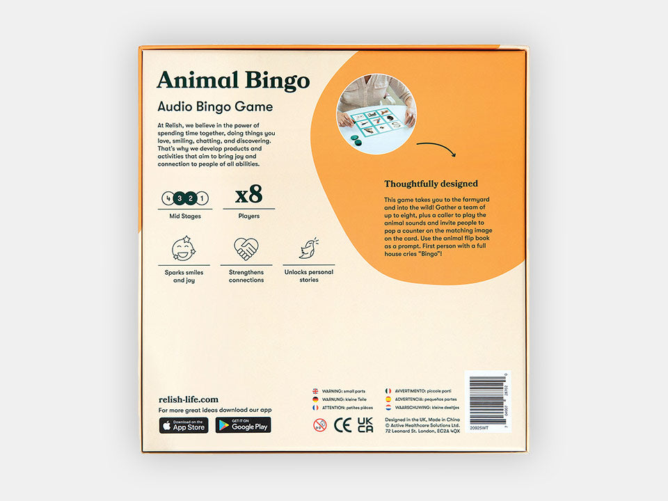 Back of the Audio Bingo by Relish Game, an intergenerational game inclusive for people living with dementia.