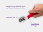 The red Ergonomically Curved Spoon from Eatwell with features