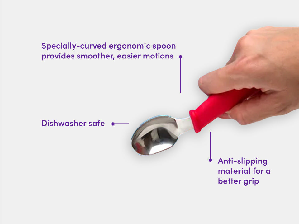 The red Ergonomically Curved Spoon from Eatwell with features