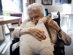 Eldery woman in a wheelchair smiling as she give a big hug to HUG: the comforting companion.