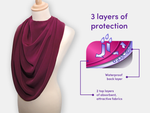 The dignifying protective pashmina bib for older adults including details on the 3 layers of fabrics.