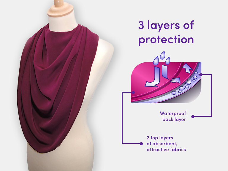 The dignifying protective pashmina bib for older adults including details on the 3 layers of fabrics.