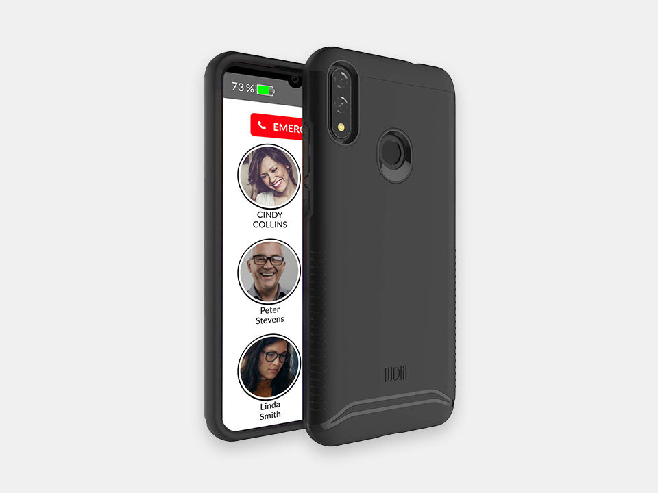 Front and back view of the Raz memory phone protective black case.