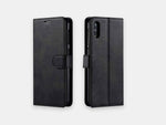 Black leatherette wallet case for the Raz Memory Phone, compatible with wireless charging.