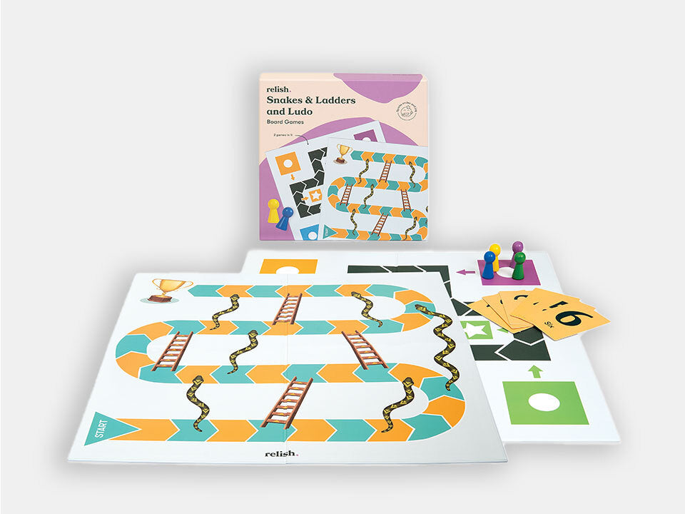 Relish Snakes and Ladders Game, box and game displayed
