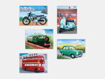 The Relish aquapaint Classic Vehicles set of 5, including a vespa, a train, a motorbike, a double decker bus, and a car.