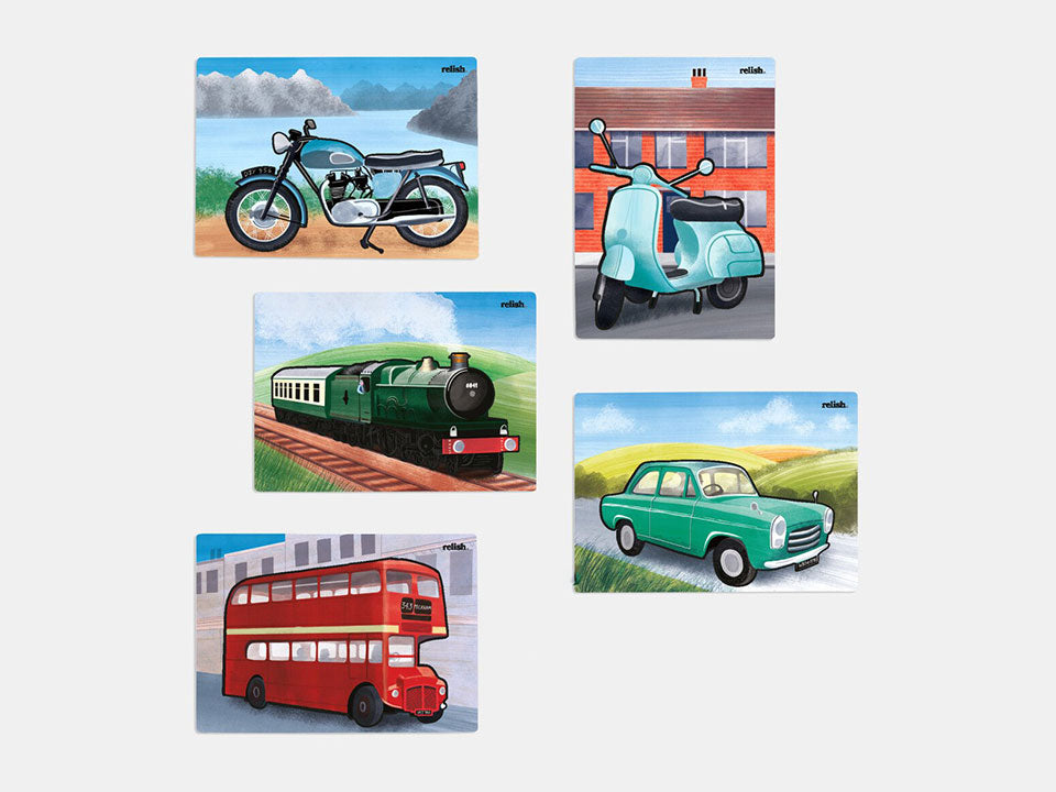 The Relish aquapaint Classic Vehicles set of 5, including a vespa, a train, a motorbike, a double decker bus, and a car.