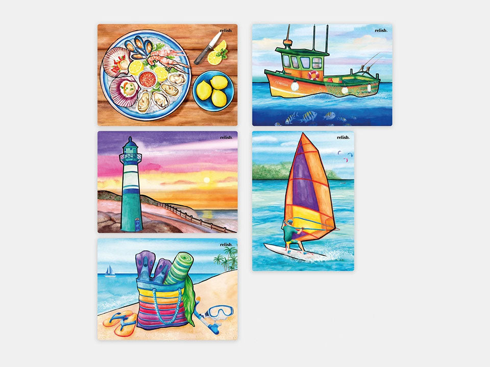 The Relish aquapaint Coastal Escape set of 5, including a lighthouse, a beachbag, seafood, and boats.