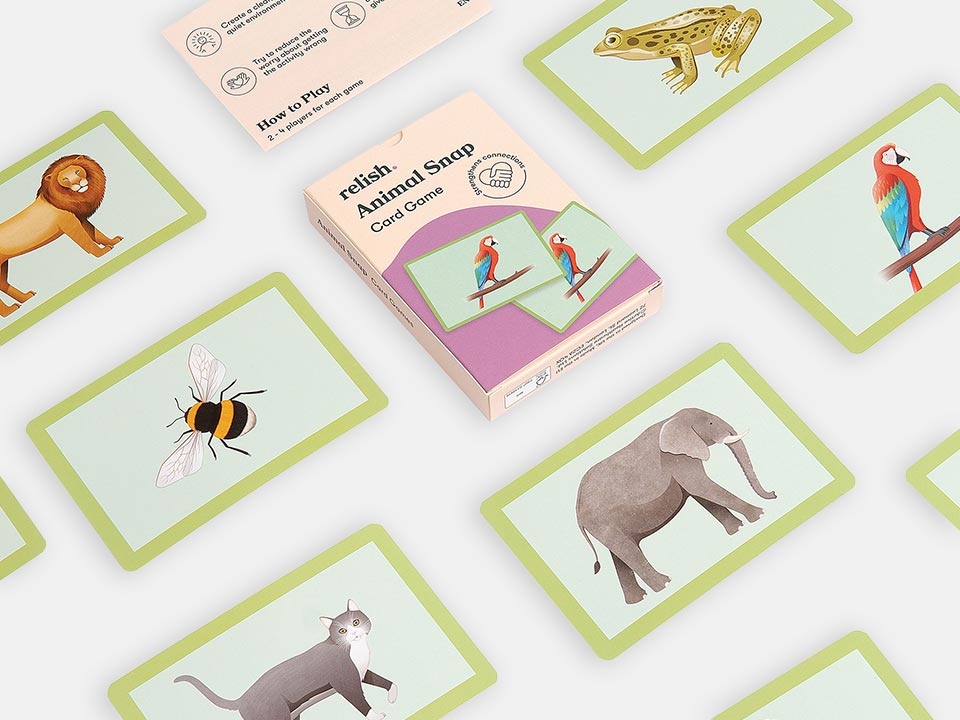 Different animal cards layed out to showcase this cards association and memory game.