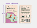 The dimensions of the Animal Snap Game, as well as the front and back cover of the game.