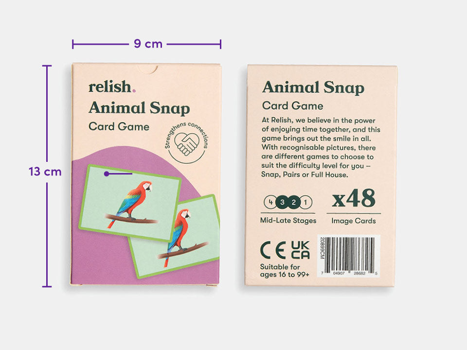 The dimensions of the Animal Snap Game, as well as the front and back cover of the game.