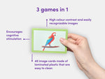 A hand holding a card with a perrot in it and the features of the game like cognitive stimulations and easy-to clean cards.