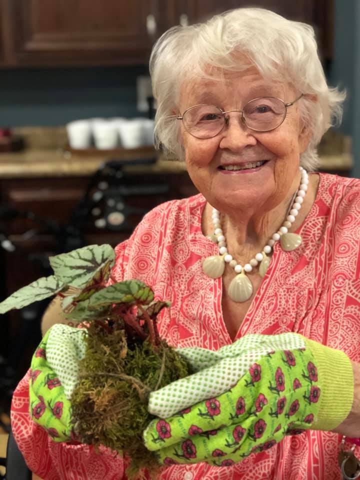 Woman wearing green gardening gloves holding a plant in a kitchen setting