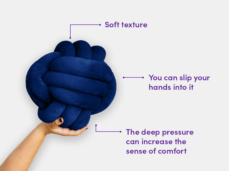 Blue Calming Cuddle ball, including a description of its features like its soft texture.