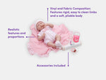 Features of the ''La Newborn'' soft-bodied comfort doll.