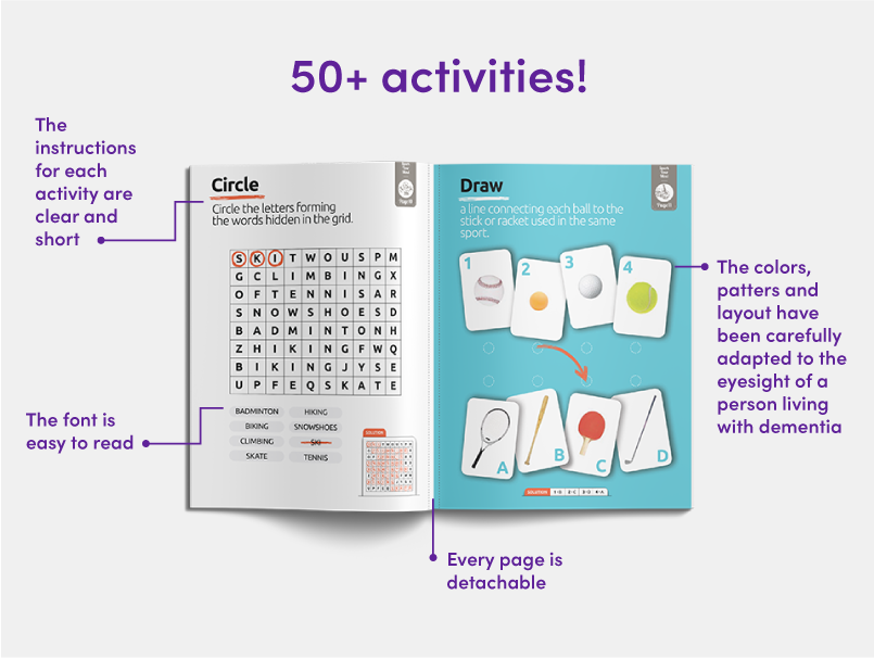 The opened Spark Your Mind activity book showing some of its activities and its features like the easy-to-read font.