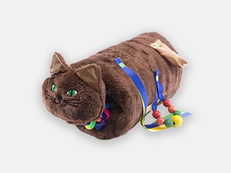 The brown cat Twiddle sensory sleeve for people living with dementia with fidgety hands with detachable ribbons.