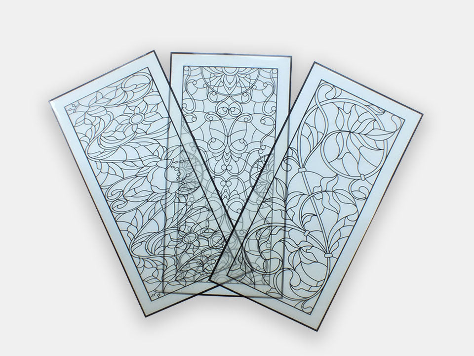 The 3 different designs in the accessible art dry-erase transoms for windows set.