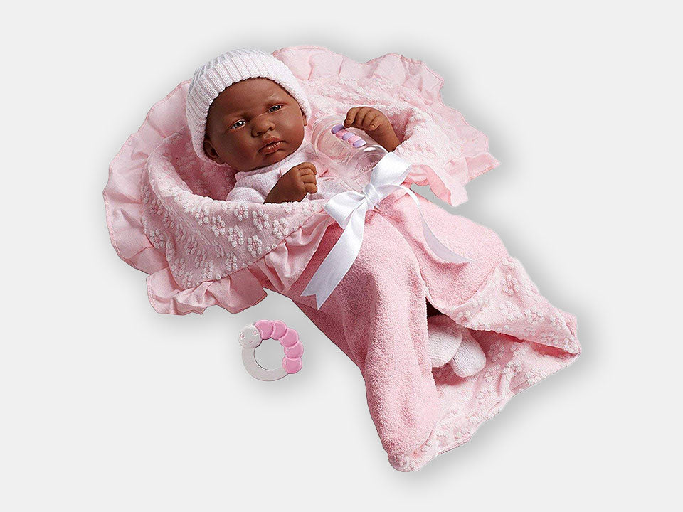 The African-American doll  ''La Newborn'' with her pink accessories.