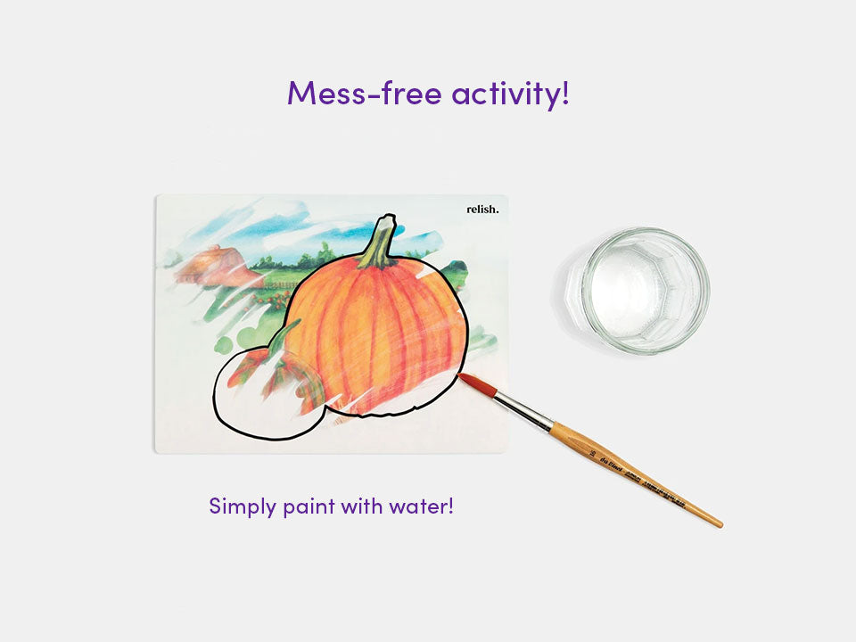The features of this mess-free aquapaint activity from Relish, with a pumpkin apearing like magic with water.