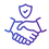 Purple icon of a handshake with a shield above it on a white background
