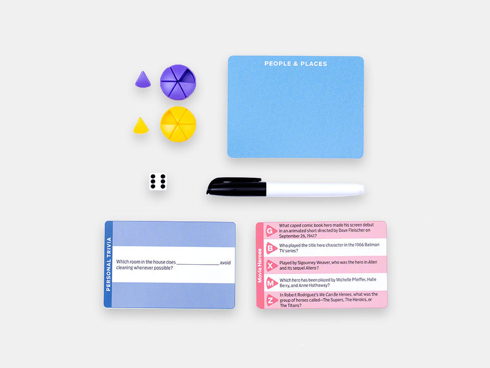An example of the Trivial Pursuit Generations cards and items included in the box.