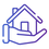 Purple icon of a hand holding a house on a white background