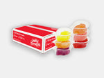 Jelly Drops Box of 6 flavors showing the red packing box and a view of the different snack pots included inside.