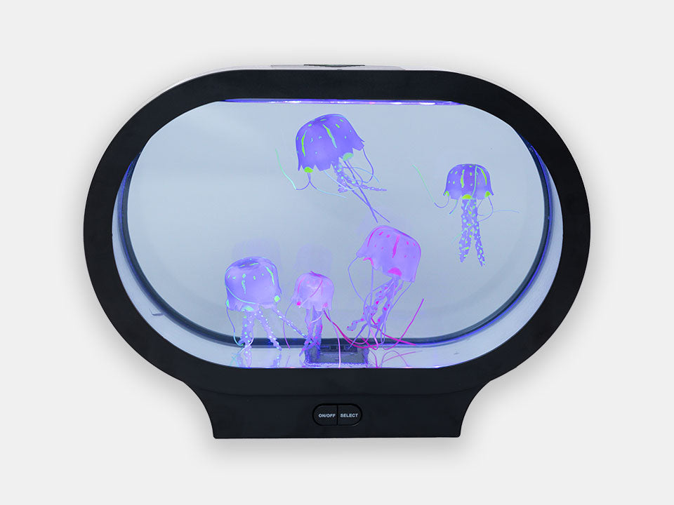 Jellyfish Sensory Lamp, containing jellyfish swimming in a water tank, illuminated by a blue led light.