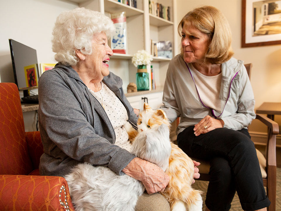 An elderly woman sitting with her caregiver in a living room holding both the silver and the orange cat.