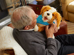 Older Man interacting with the freckled pup from Joy for All.
