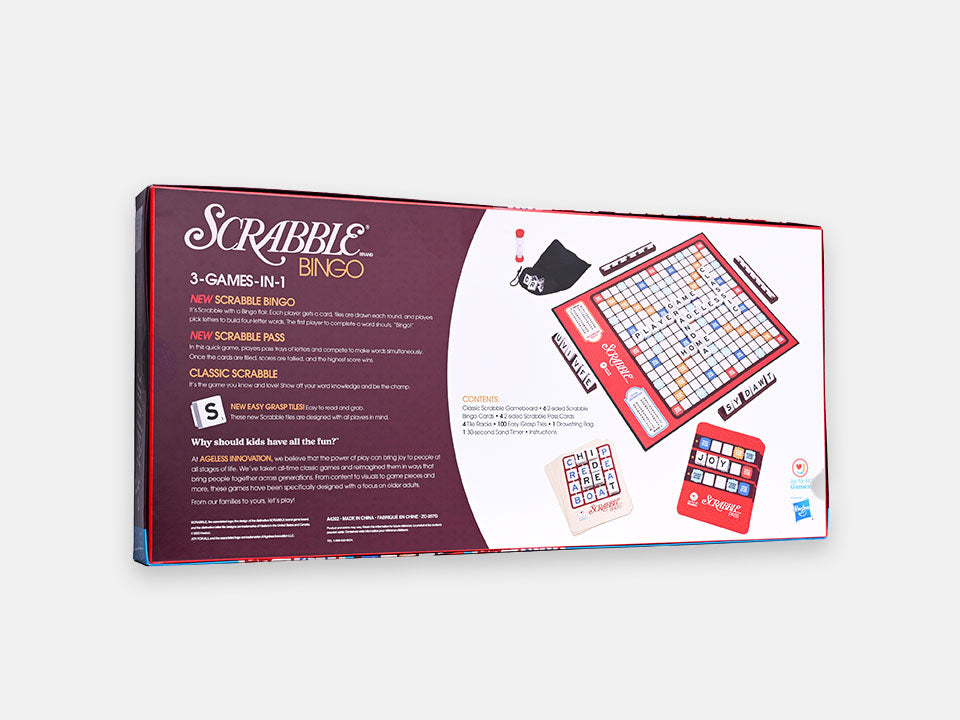 The back of the Scrabble Bingo box showing the different components and versions of the game included.
