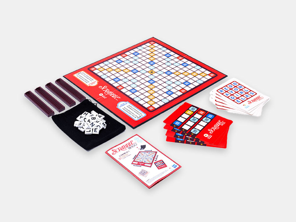 Components found inside the Scrabble Bingo Box including the 2 types of cards and the easy grasp tiles.