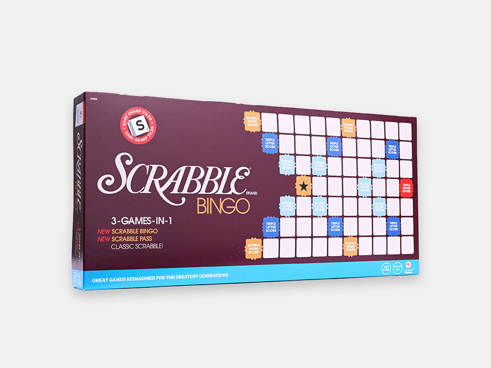 The front of the adapted Scrabble Bingo Box including 3 games in 1 and easy grasp tiles.
