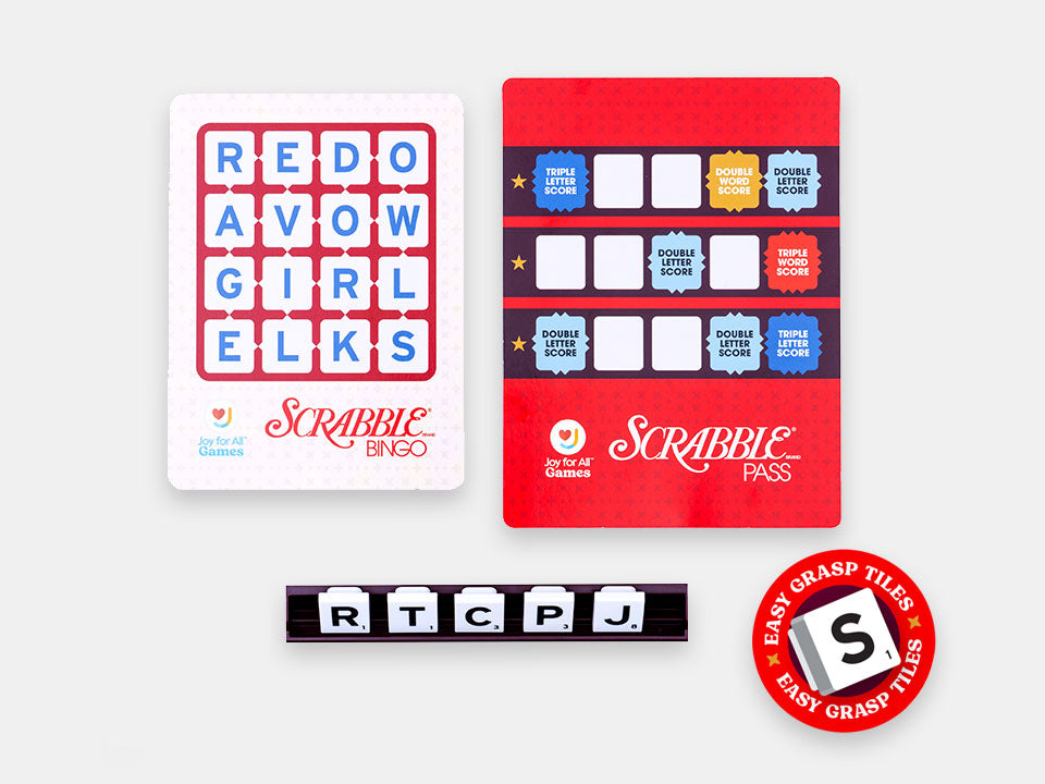 An example of a more accessible Scrabble Bingo and Scrabble Pass playing card as well as the easy grasp letters.