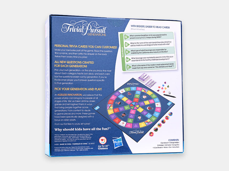 The back of the Trivial Pursuit Generations box showing the different components and informations on the game.