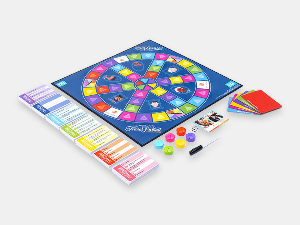 The board and components from the Trivial Pursuit Generation box, including easy to read cards.