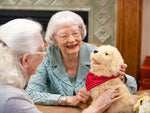 Two elderly women with the Joy for All golden lifelike pup designed for people living with dementia.